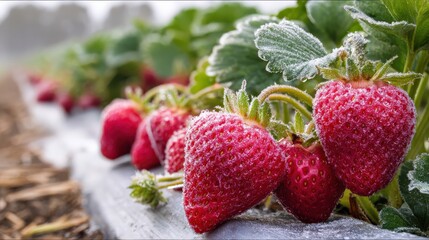 Frost covered strawberries in a field during early morning light
