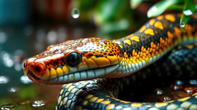 close up of tropical boa constrictor snake with tongue and colorful pattern, surrounded by water droplets and green foliage