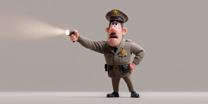 Animated Security Guard Holding Flashlight in Dynamic Pose Against Pastel Grey Background