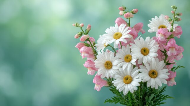 Bright and Colorful Floral Arrangement of White Daisies and Pink Snapdragons on a Soft Green Background for Spring and Summer Vibes
