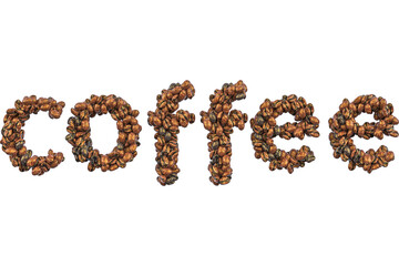 Coffee inscription from roasted coffee beans, transparent background