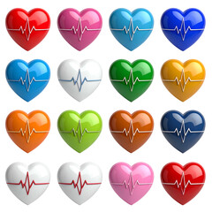 Array of multicolored, glossy heart shapes, each with a superimposed heartbeat line