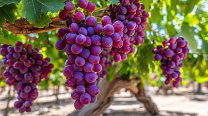 Vibrant bunches of grapes hanging in a lush vineyard setting