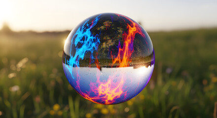 Glowing orb reflects colorful energy and tranquil landscape at sunset.