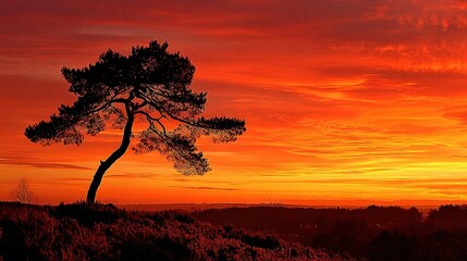 Silhouette of a lone tree against a vibrant sunset sky