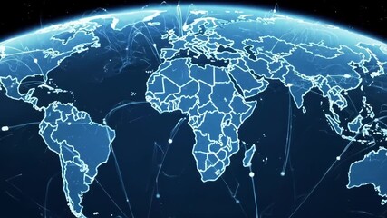 Illuminated world map showing international connections against a dark space background, data visualization - Powered by Adobe