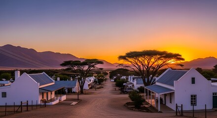 Fototapeta premium Village at Sunset: Charming village nestled amidst a backdrop of golden hour, showcasing tranquil beauty and architectural elegance.
