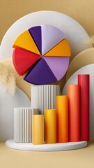 Pastel Pie Chart and Bar Graph Displaying Vibrant Colors with Geometric Shapes on Cream Background