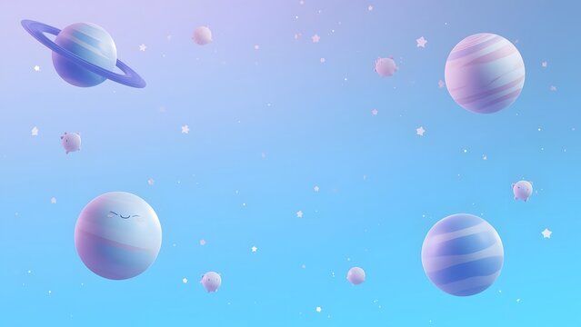 Pastel planetarium background featuring floating celestial bodies and stars