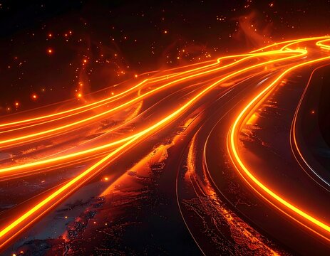 Curved neon lines of vibrant orange illuminate an undefined landscape