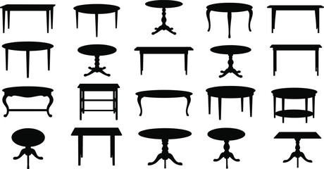 Collection of black silhouette tables with various shapes and leg designs white background furniture