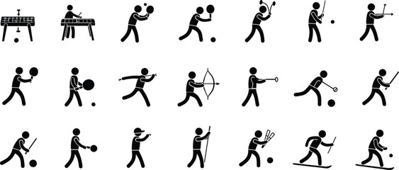 Collection of black stick figure icons depicting various sports and games table tennis