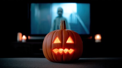 Spooky Halloween Pumpkin Decoration with Creepy Backdrop and Glowing Lights for Festive Atmosphere and Autumn Celebration Fun