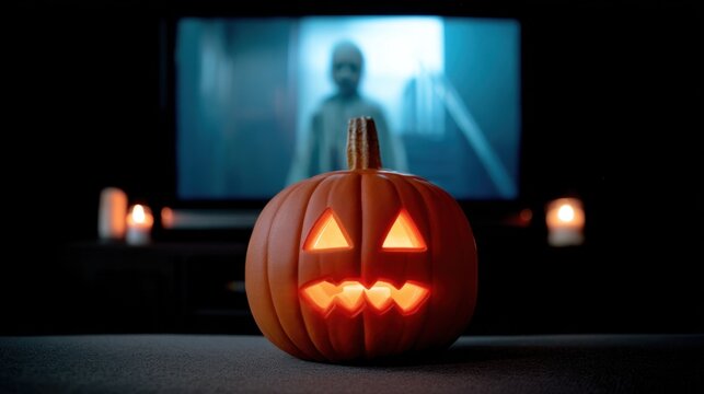 Spooky Halloween Pumpkin Decoration with Creepy Backdrop and Glowing Lights for Festive Atmosphere and Autumn Celebration Fun