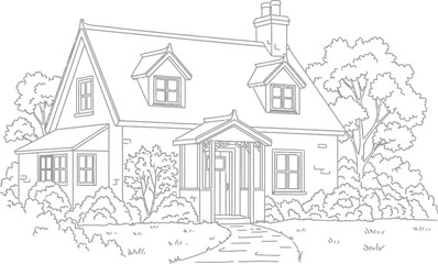 Obraz premium Line Drawing of a Quaint Cottage with Trees on White Background