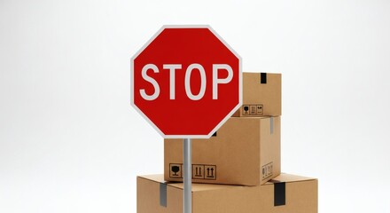 Fototapeta premium Stop Unsafe Shipping Practices with Clear Warning Sign next to stacked Boxes, Ensure Safe Delivery and Handle with Care during Transportation and Storage