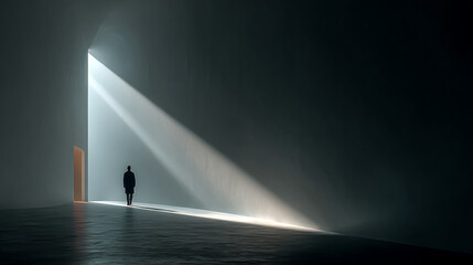 Man walks towards light in tunnel. Represents hope, solution, guidance. Symbolic concept for editorial, web design, marketing. Minimalist, stark, dramatic lighting.