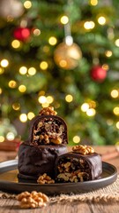 Gourmet chocolate pastries with walnuts in front of a Christmas tree