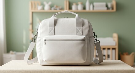 Diaper bag in soft neutral tones on table in nursery room. Diaper bag, spacious baby essentials tote with minimalist aesthetic and functional pockets, sits in organized child space.
