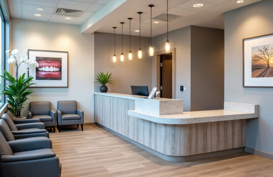 Contemporary dental office waiting room. Modern reception area with comfortable seating, stylish decor and elegant reception desk. Pro clean clinic interior with bright lighting and plants.