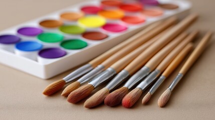 Naklejka premium Watercolor Paintbrushes and Vibrant Palette Set