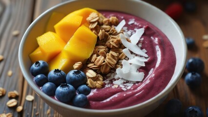 A vibrant smoothie bowl with fruit and granola