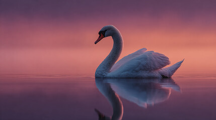 Swan gracefully floats on a calm lake during a pink sunset. Use for marketing, web design.