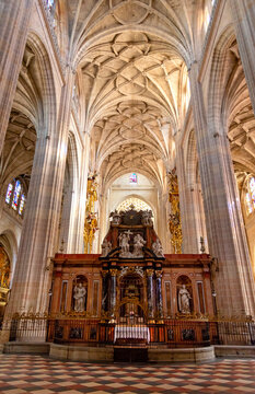 The Segovia Cathedral interior showcases towering Gothic arches and an ornate vaulted ceiling. Massive columns frame the central altarpiece and detailed stained glass