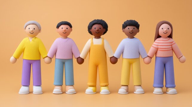 Diverse group of five colorful figurines holding hands in a friendly pose against a warm orange background, representing unity and inclusion among different backgrounds.
