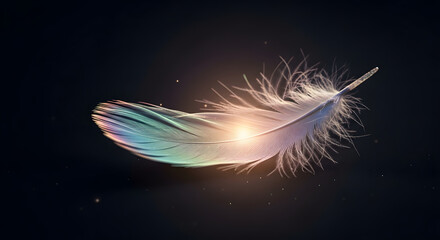 Delicate iridescent feather floats with ethereal glow against dark background.