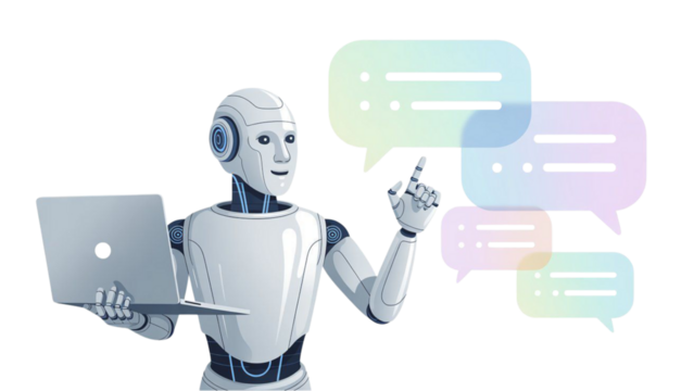 A robotic figure with speech bubbles and a laptop on transparent background