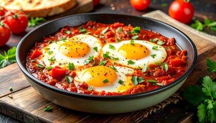 Dish of eggs poached in a rich tomato-based sauce, garnished with herbs
