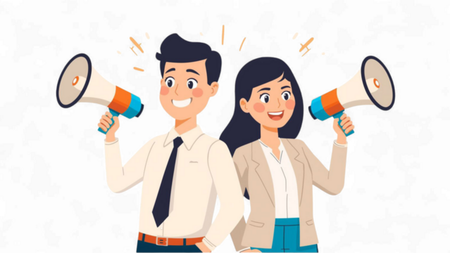 Excited duo announcing with megaphones vector illustration on transparent background