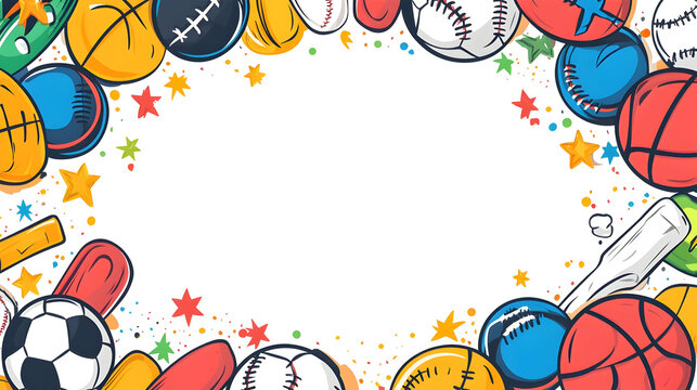 Cartoon style sports border design featuring colorful balls and equipment for posters or cards