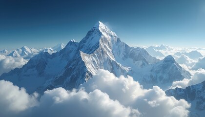 Aerial view of snow-covered mountain top rising above clouds. Majestic rocky summit of Himalayan range under clear blue sky. High altitude winter landscape scenery with sunlight on icy peak.