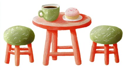 Cute tea cafe front, chalk color, white background, Cozy table setting with a cup and a hat on top, in green and orange brick setting