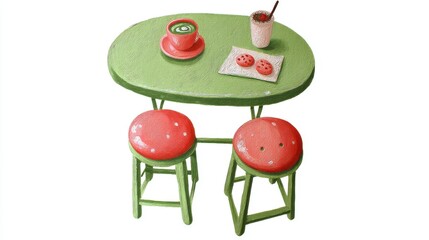 Cute tea cafe front, chalk color, white background, Cozy table setup with coffee and snacks on a colorful background, in green and orange brick setting