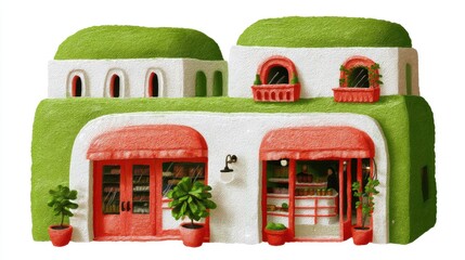 Cute tea cafe front, chalk color, white background, Charming building with green roof and decorative windows, in green and orange brick setting