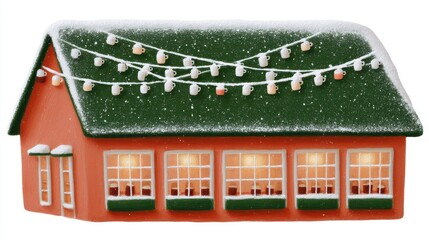 Cute tea cafe front, chalk color, white background, Cozy house adorned with lights and snow, evoking a festive atmosphere, in green and orange brick setting