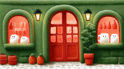 Cute tea cafe front, chalk color, white background, Charming café with cute cats in the windows, in green and orange brick setting