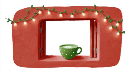 Cute tea cafe front, chalk color, white background, Cozy window display with a green cup and string lights, in green and orange brick setting