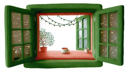 Cute tea cafe front, chalk color, white background, Open window with plants and lights, creating a cozy atmosphere, in green and orange brick setting