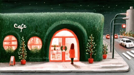 Cute tea cafe front, chalk color, white background, Charming café entrance surrounded by greenery at night, in green and orange brick setting