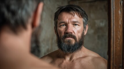 Male Portrait in Front of Mirror, Reflecting Introspection and Raw Emotions in a Rustic Environment with Natural Light Highlights