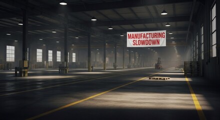 Gloomy warehouse symbolizing economic slowdown with forklift and empty pallets, perfect for financial news or recession reports during tough economic times