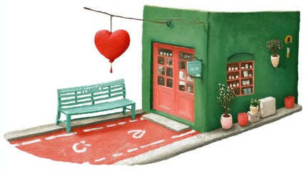 Cute tea cafe front, chalk color, white background, Charming green building with a heart-shaped decoration and bench outside, in green and orange brick setting