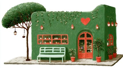 Cute tea cafe front, chalk color, white background, Charming green building with a heart design and plants, in green and orange brick setting