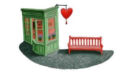 Cute tea cafe front, chalk color, white background, Quaint shopfront with a heart sign and a bench nearby, in green and orange brick setting
