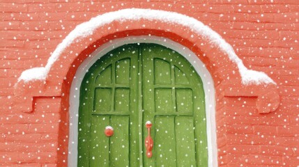 Cute tea cafe front, chalk color, white background, Snow-covered green door on a red brick wall, in green and orange brick setting