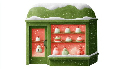 Cute tea cafe front, chalk color, white background, Winter-themed display with snowmen figurines in a shop window, in green and orange brick setting